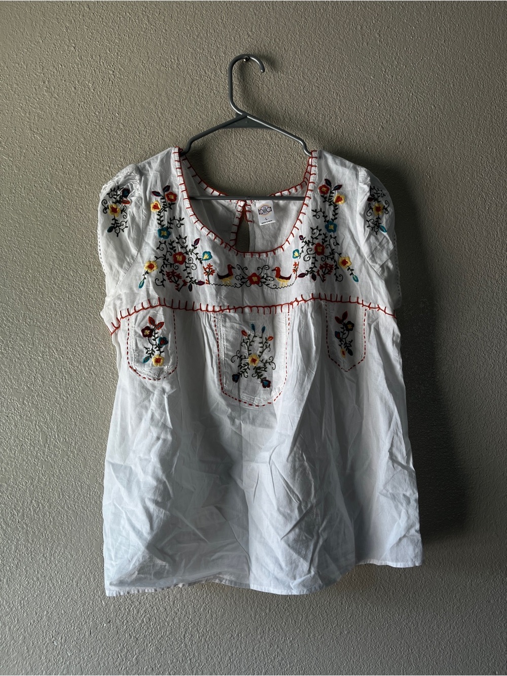 Bila White Cotton Embroidered Peasant Blouse with Multicolor Floral Stitching